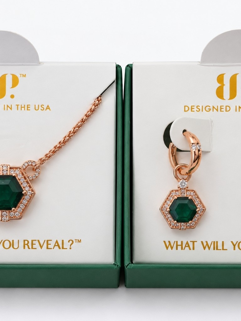 Bomb Party May 2026 Emerald Rose Gold Necklace & Calista Earrings Set
